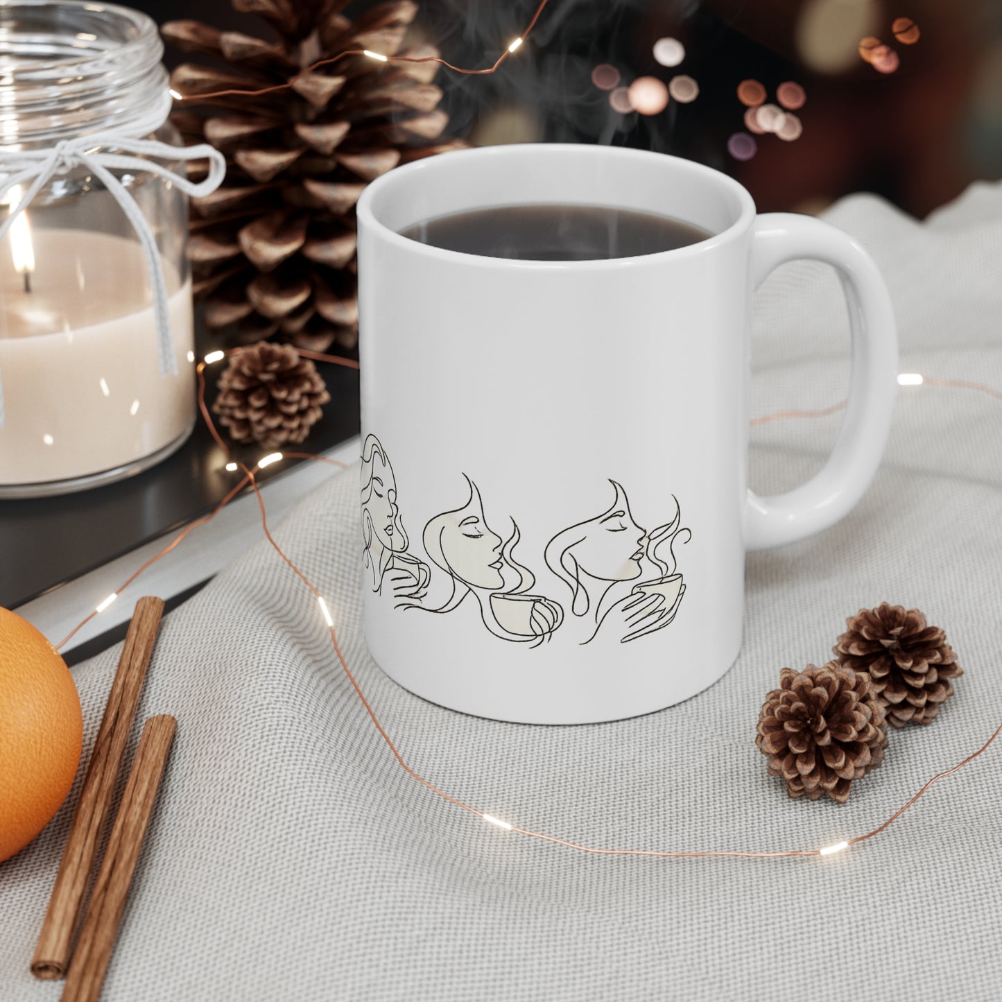 Coffee & Calm 11oz Mug — Minimal Line Art Women Sipping Tea Ceramic Cup