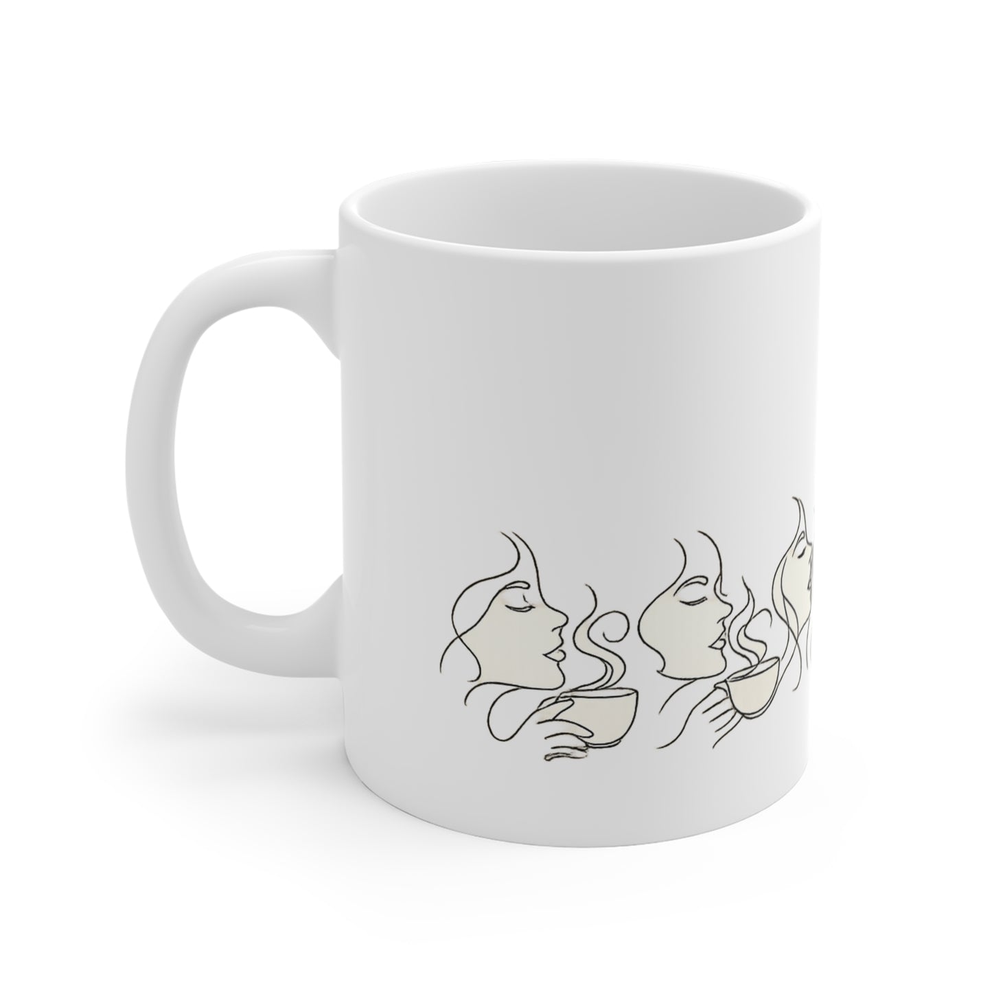 Coffee & Calm 11oz Mug — Minimal Line Art Women Sipping Tea Ceramic Cup