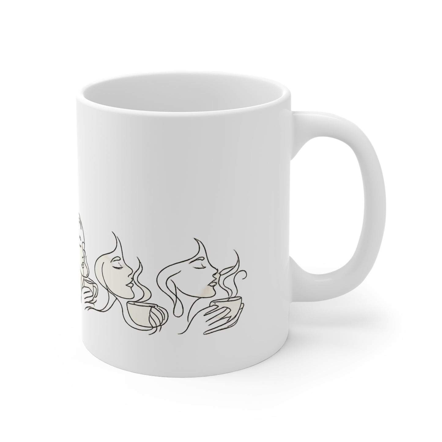 Coffee & Calm 11oz Mug — Minimal Line Art Women Sipping Tea Ceramic Cup
