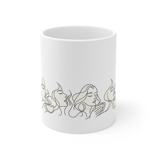 Coffee & Calm 11oz Mug — Minimal Line Art Women Sipping Tea Ceramic Cup